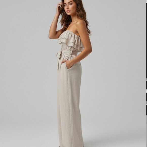 Ruffled Strapless Belted Jumpsuit Beige - Picture 3 of 6